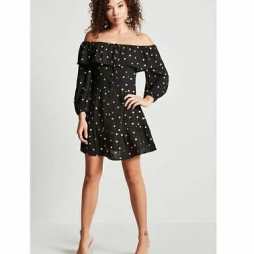 Forever 21 Women's Sz Small Off Shoulder Dress Button Down Black Gold Polka Dots